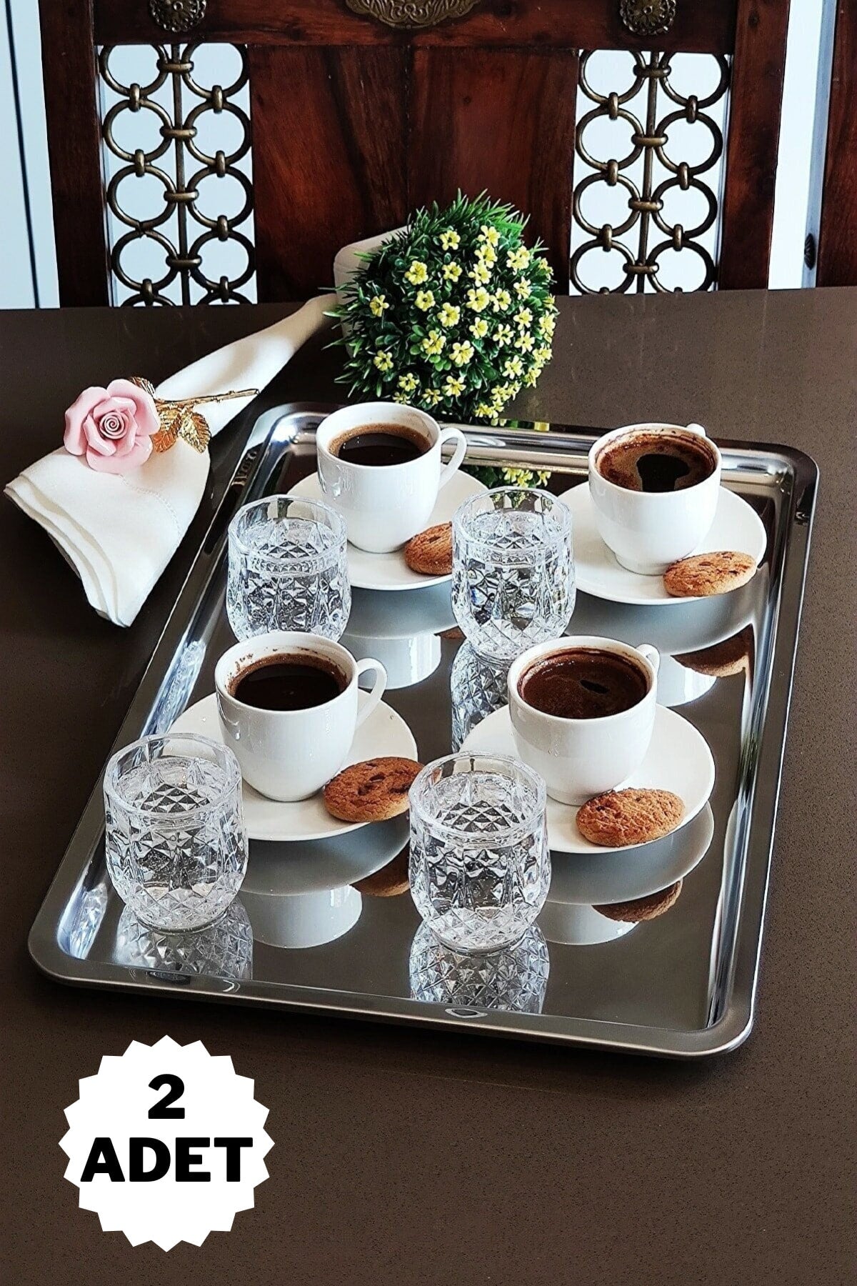 2'li Paslanmaz Çelik Servis Ve Sunum Çay Kahve Tatlı Davet Tepsisi 43x28cm