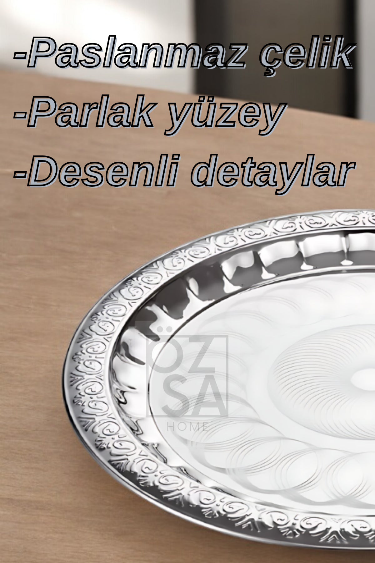 3'lü Paslanmaz Çelik Desenli Yuvarlak Çay Tepsi Kahve Servis Sunum Tepsi 36-40-44 cm - Gümüş
