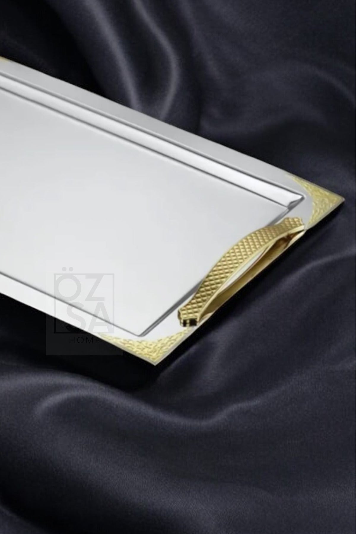 Tiamo Ottoman Premium 18/10 Paslanmaz Çelik Sunum Tepsisi Kulplu Söz Nişan Servis Çay Tepsi - Gold