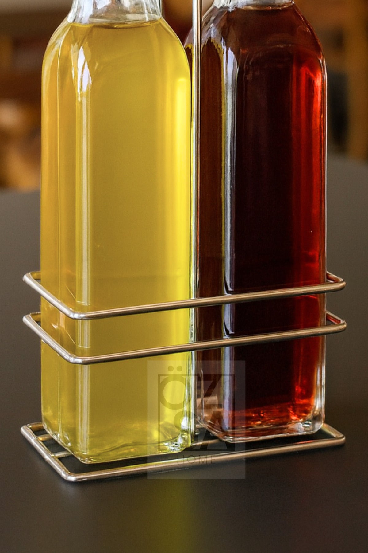 Metal Stantlı 2'li 300 ml Zeytinyağı Sıvıyağ Şişesi Yağdanlık Yağlık Sirkelik Restoran Yağlık - Gümüş
