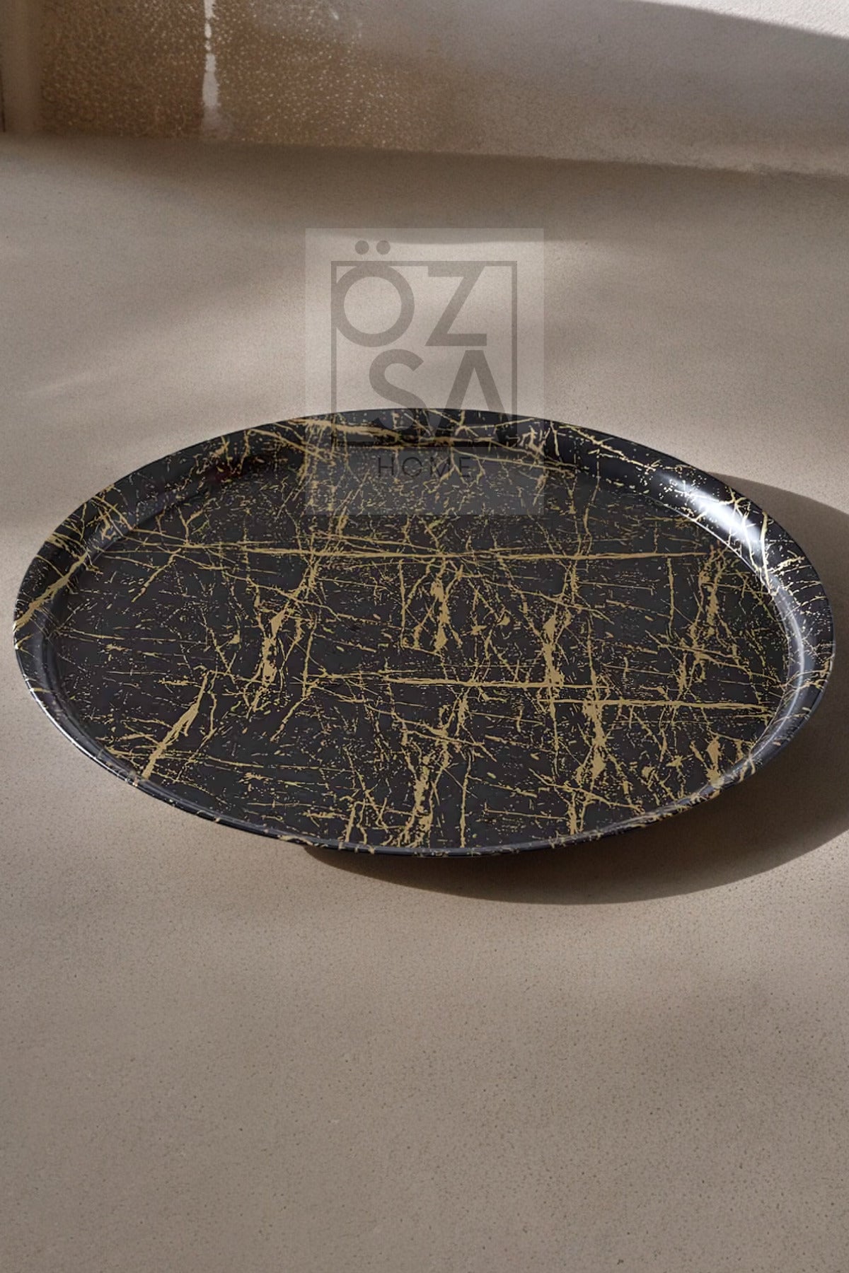 Mermer Desenli 35cm Yuvarlak Gold Siyah Melamin Tepsi Sunum Dekoratif Sofra Mutfak Çay Kahve Tepsi