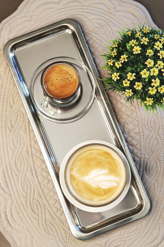 2'li Gold Lüx Dikdörtgen Paslanmaz Çelik Kahve Çay İkram ve Sunum Tepsisi Altın Renk 33x13 cm - Gümüş