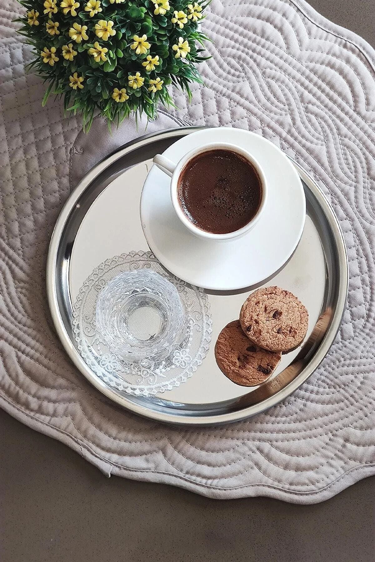 3 Adet Gold 3 Adet Gümüş Renk Lüx 21,5 Cm 6'lı Yuvarlak Servis Sunum Tepsisi - gümüş