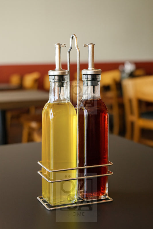 Metal Stantlı 2'li 300 ml Zeytinyağı Sıvıyağ Şişesi Yağdanlık Yağlık Sirkelik Restoran Yağlık