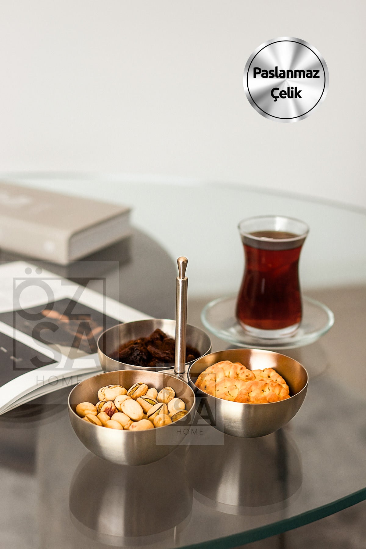3'lü Çerezlik Paslanmaz Çelik Parlak Kuruyemişlik Reçellik Metal Saplı Kafe Lokanta Restoran Çerezlik - Gümüş