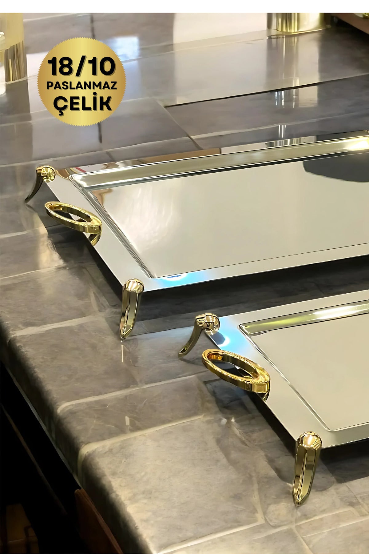 2'li Vanes Tepsi 18/10 Paslanmaz Çelik Ayaklı Tepsi Seti Çay ve Kahve Servis Sunum İkramlık Tepsi - Altın
