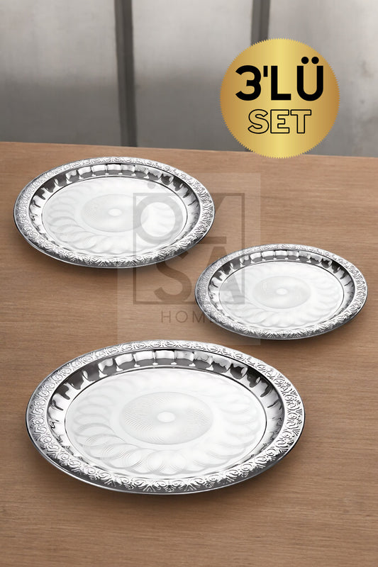 3'lü Paslanmaz Çelik Desenli Yuvarlak Çay Tepsi Kahve Servis Sunum Tepsi 36-40-44 cm