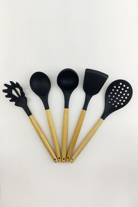 Bambu Saplı Siyah Çizmez Silikon Kevgir Kepçe Kaşık Makarna Salata Kaşığı Spatula 5'li Servis Set