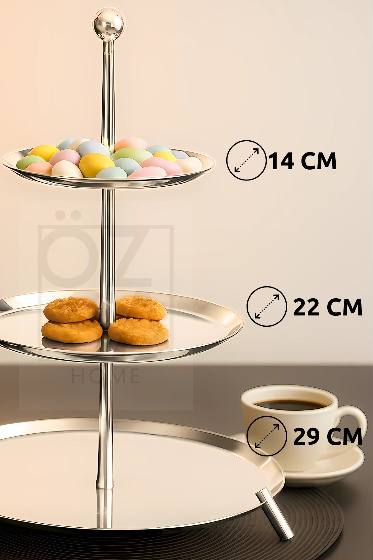 Large Ayaklı 18/10 Paslanmaz Çelik 3 Katlı Sunumluk Metal Ayaklı Sunumluk - Gümüş