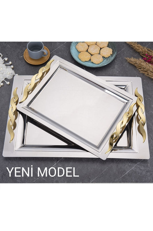 Mercan Silver Black 2'li İkramlık Sunumluk Servis Ve Çay Tepsisi - Sırma(Gold)