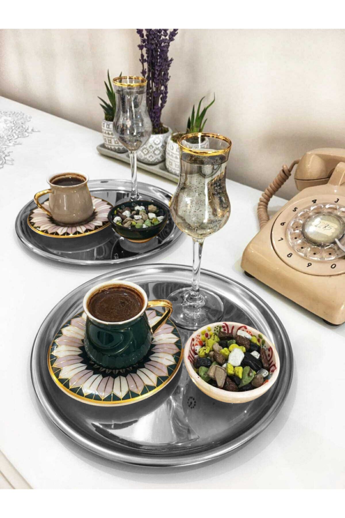 6 Adet Lüx 24 Cm Gümüş Yuvarlak Servis Sunum Tepsisi - Gümüş