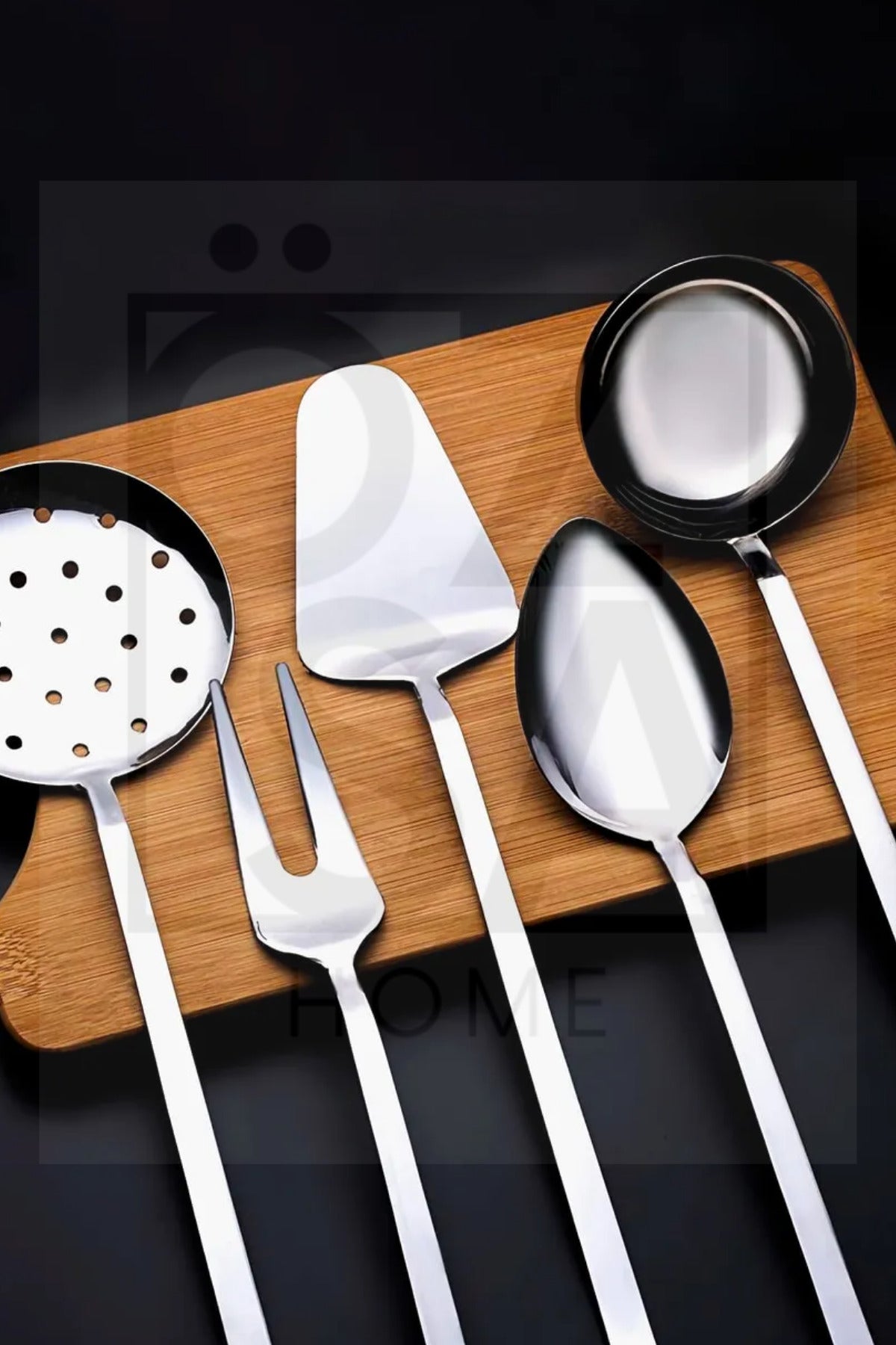 5 Parça 18/10 Paslanmaz Çelik 304 Kalite Sunum Servis Takımı Kepçe Kevgir Kaşık Spatula Çatal Seti - Gümüş