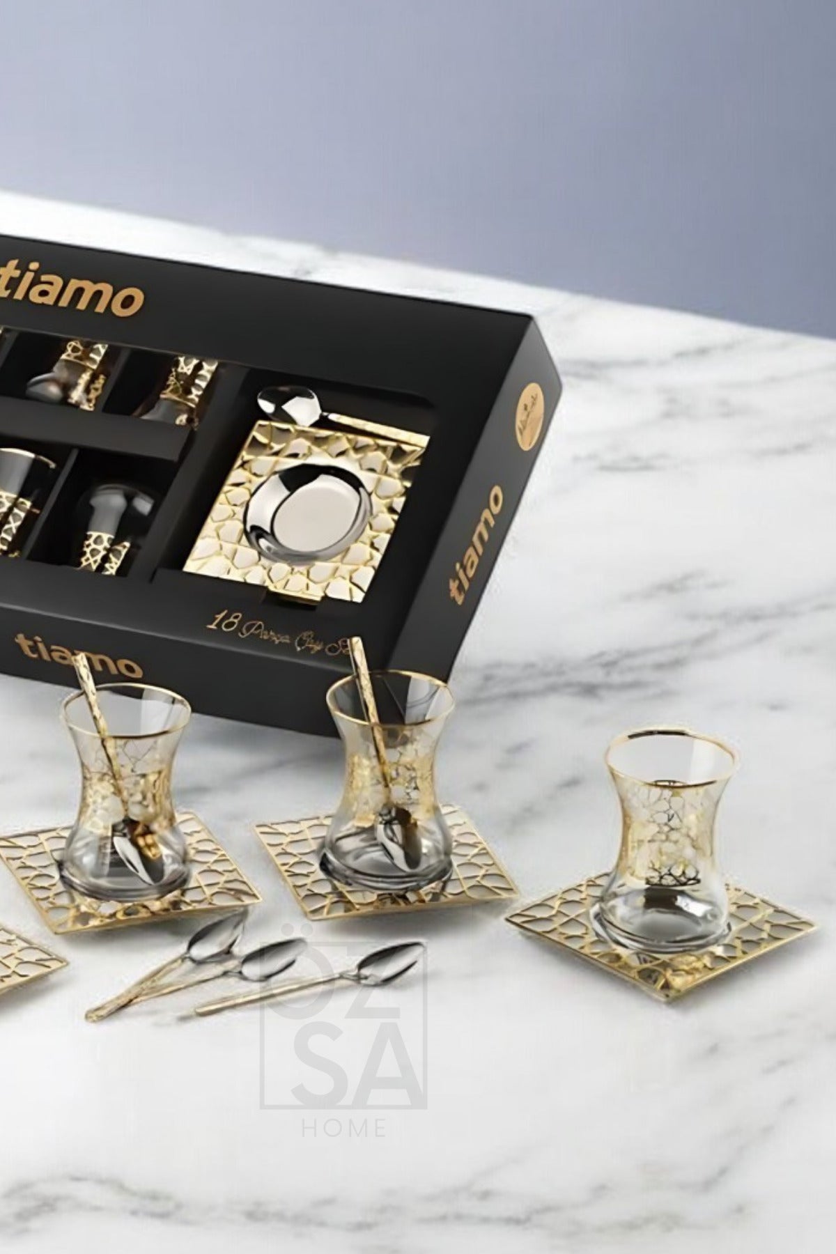 Tiamo Selçuklu Premium 18/10 Paslanmaz Çelik 18 Parça Çay Seti Çay Bardağı Çay Tabağı Çeyizlik - Gold