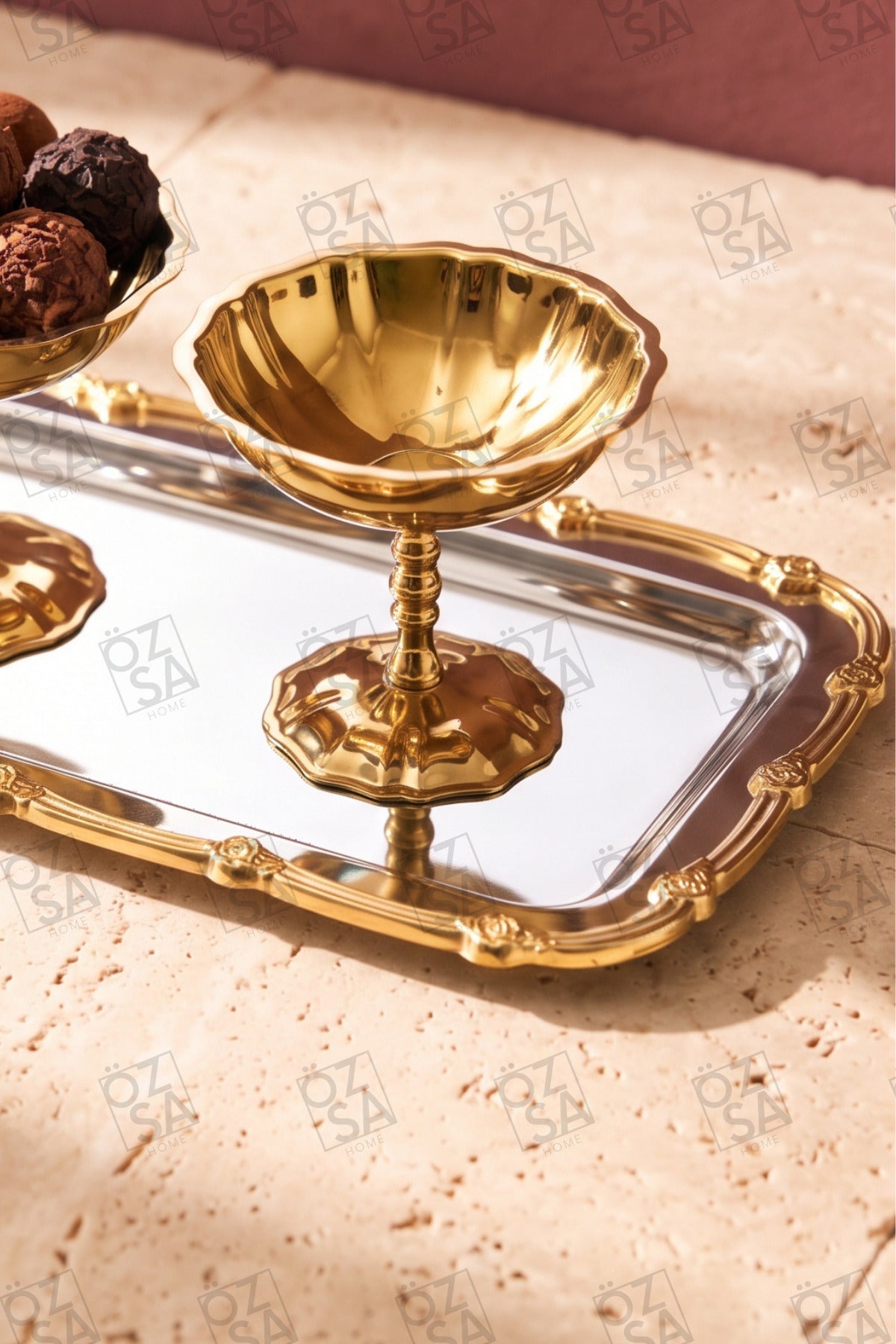 Antique 3 Parça Paslanmaz Çelik Ayaklı Kase Lüx Dikdörtgen Tepsili Sunum Takımı Kahvaltılık Reçellik Çerezlik - Altın