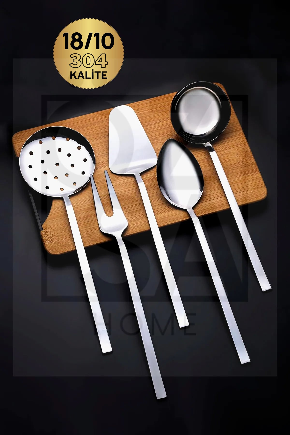 5 Parça 18/10 Paslanmaz Çelik 304 Kalite Sunum Servis Takımı Kepçe Kevgir Kaşık Spatula Çatal Seti