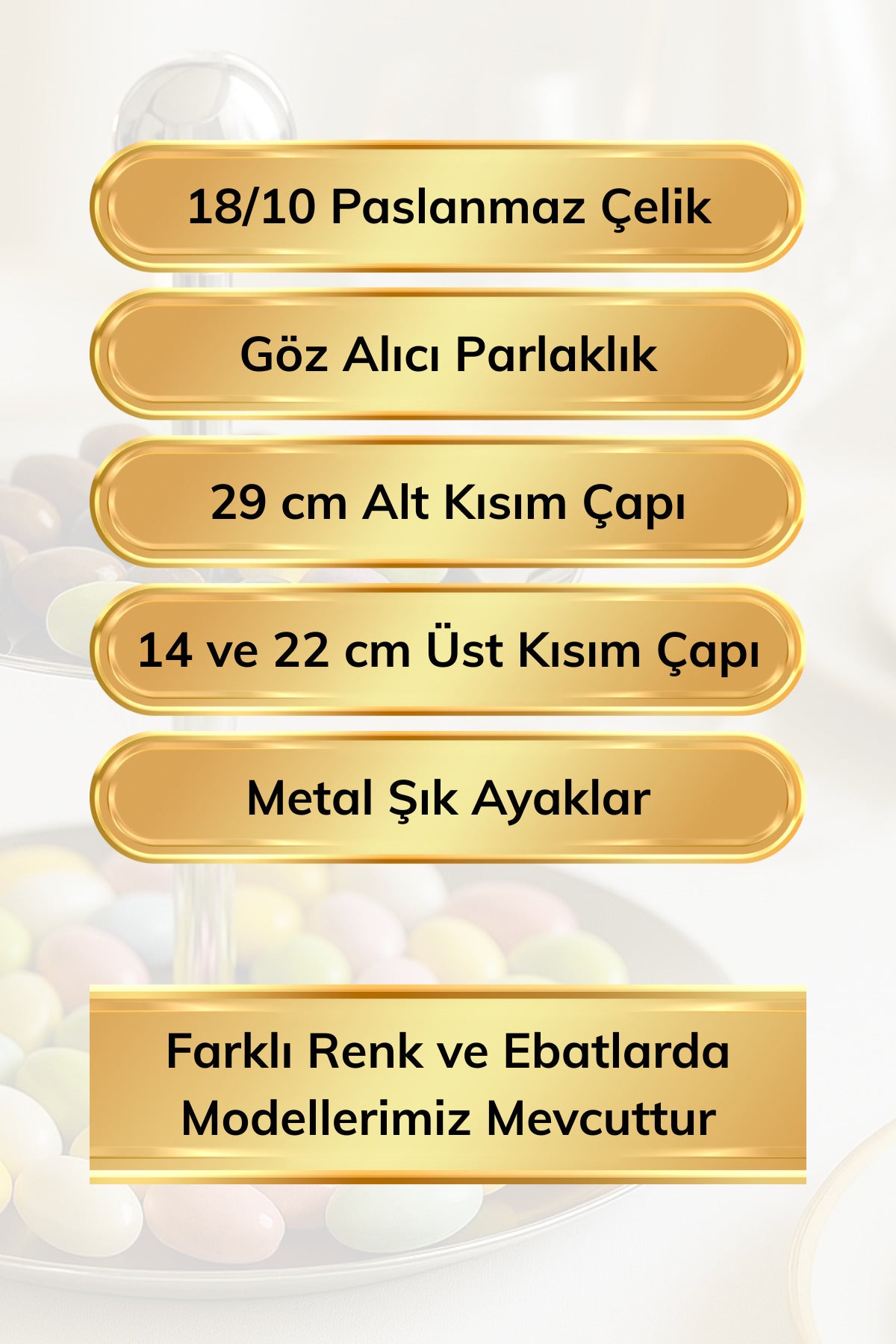 Large Ayaklı 18/10 Paslanmaz Çelik 3 Katlı Sunumluk Metal Ayaklı Sunumluk - Gümüş