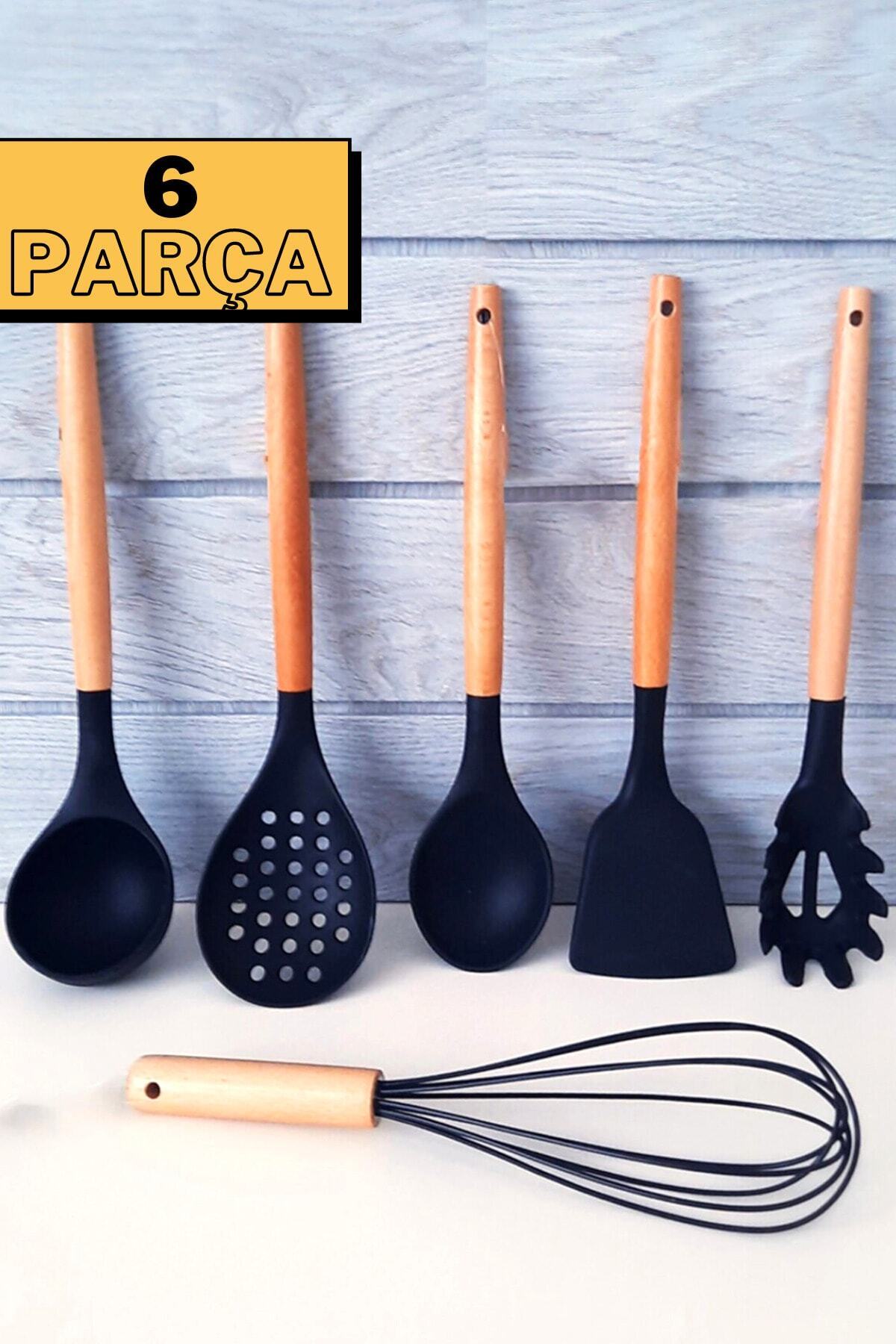 10 Parça Silikon Kepçe Kevgir Kaşık Çırpıcı Patates Ezici Bambu Saplı Mutfak Servis Seti Takımı - Siyah 6 Parça