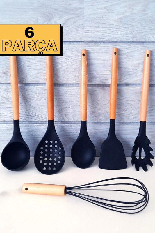 10 Parça Silikon Kepçe Kevgir Kaşık Çırpıcı Patates Ezici Bambu Saplı Mutfak Servis Seti Takımı - Siyah 6 Parça