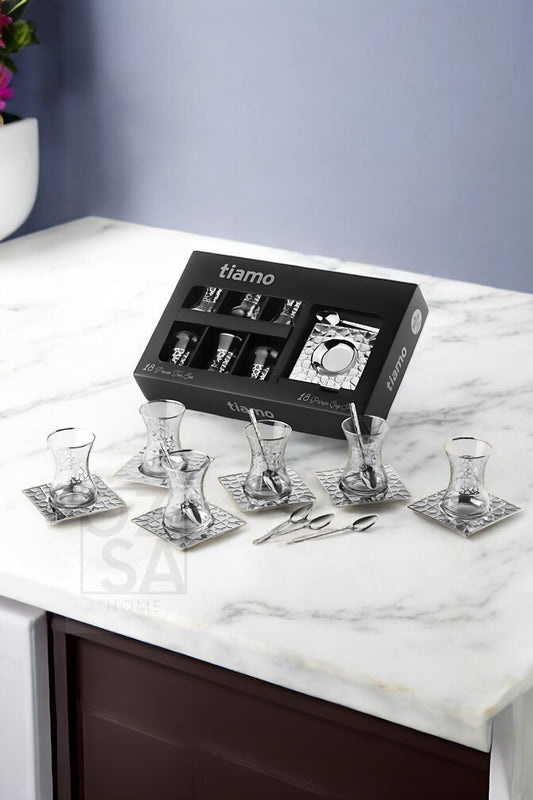 Tiamo Selçuklu Premium 18/10 Paslanmaz Çelik 18 Parça Çay Seti Çay Bardağı Çay Tabağı Çeyizlik - Gümüş