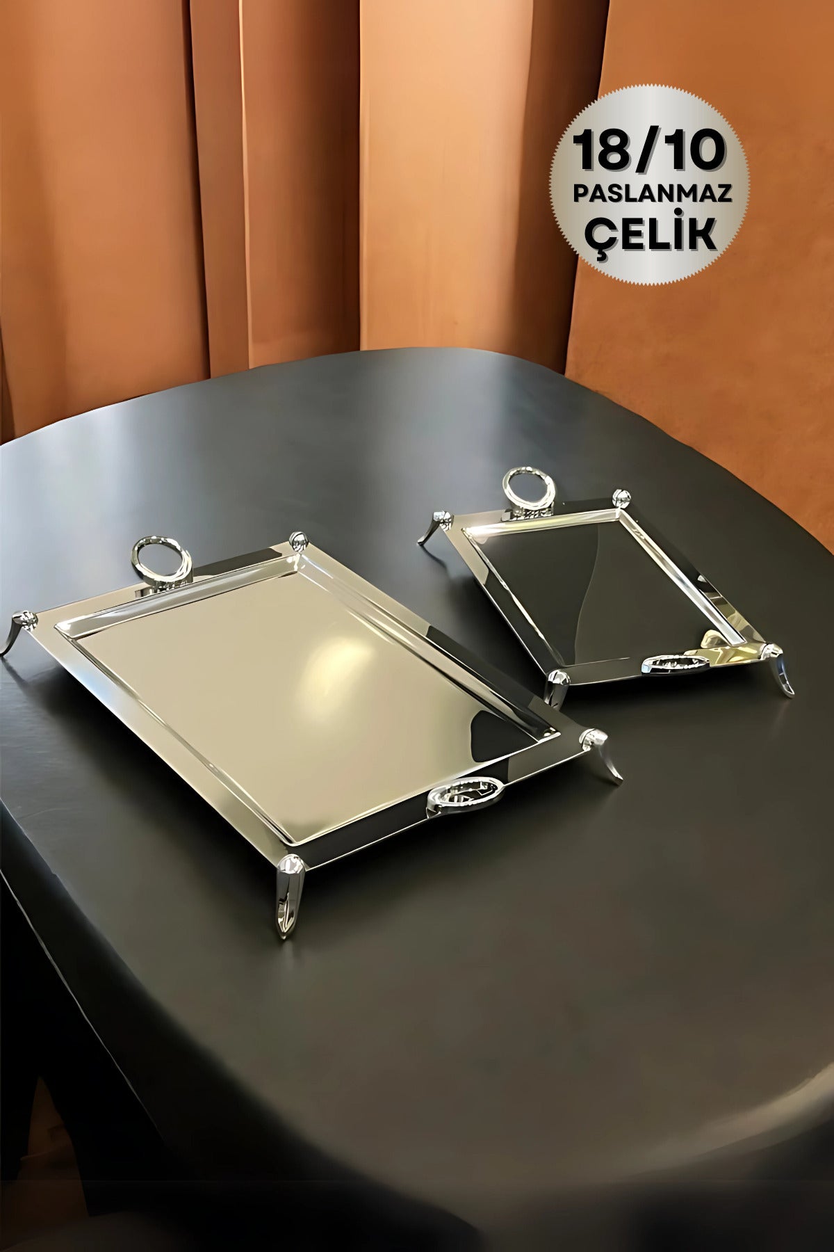 2'li Vanes Tepsi 18/10 Paslanmaz Çelik Ayaklı Tepsi Seti Çay ve Kahve Servis Sunum İkramlık Tepsi - Gümüş
