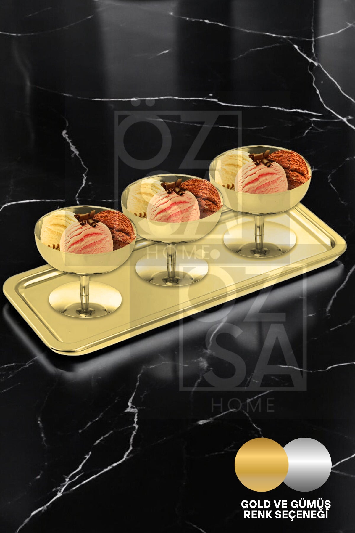 6 Kişilik Gold Dondurmalık Sunum Seti Ayaklı Dondurma Tatlı Kasesi 2li Tepsi Dondurma Kaşığı Seti - Gold