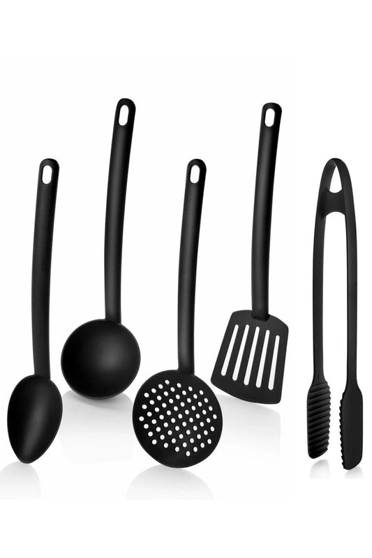 5'li Lüx Yanmaz Yapışmaz Teflon Kaplama Servis Seti Kepçe Kevgir Spatula Kaşık Plastik Servis Takımı