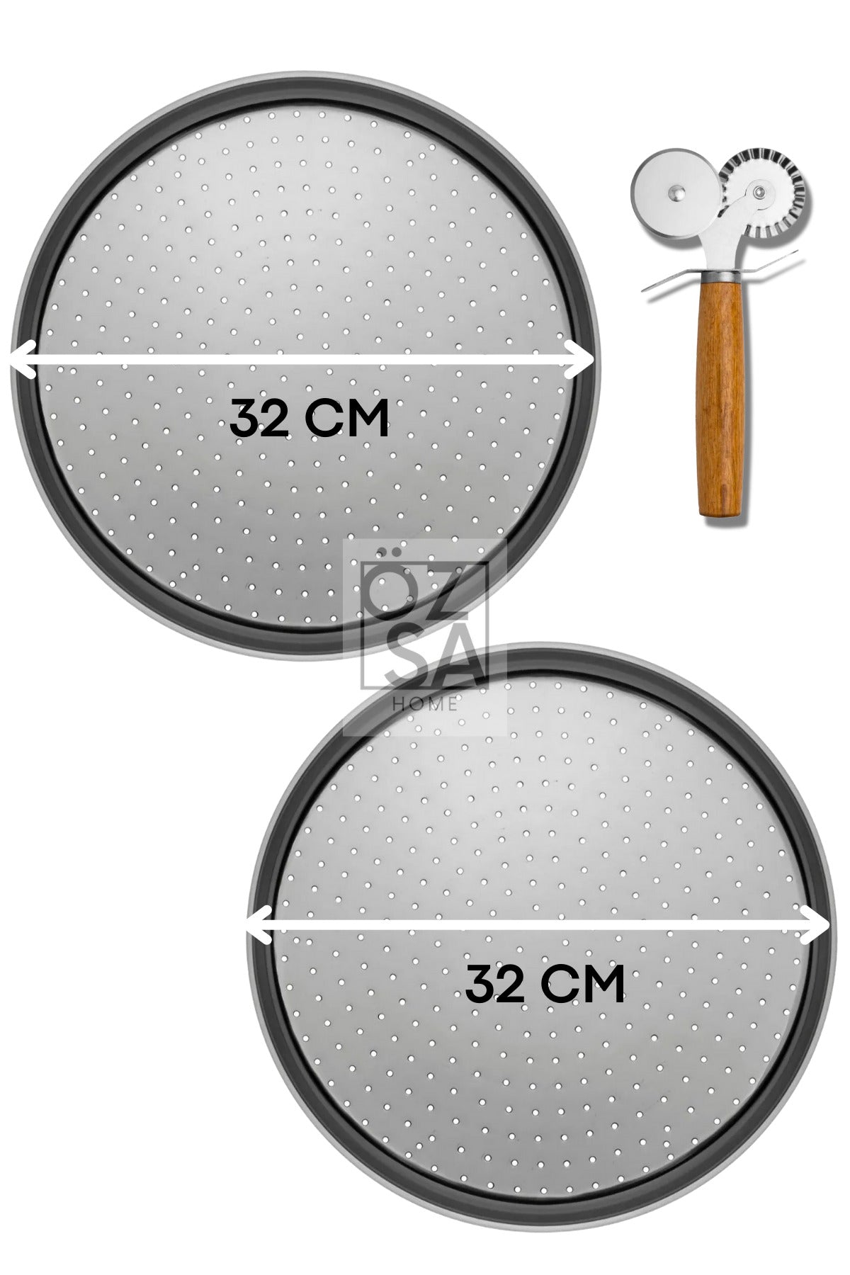 2'li Orta Boy Delikli Pizza Tepsisi Lahmacun Pide Tepsisi 32cm Bambu Çift Taraflı Pizza Ruleti Seti - Gümüş