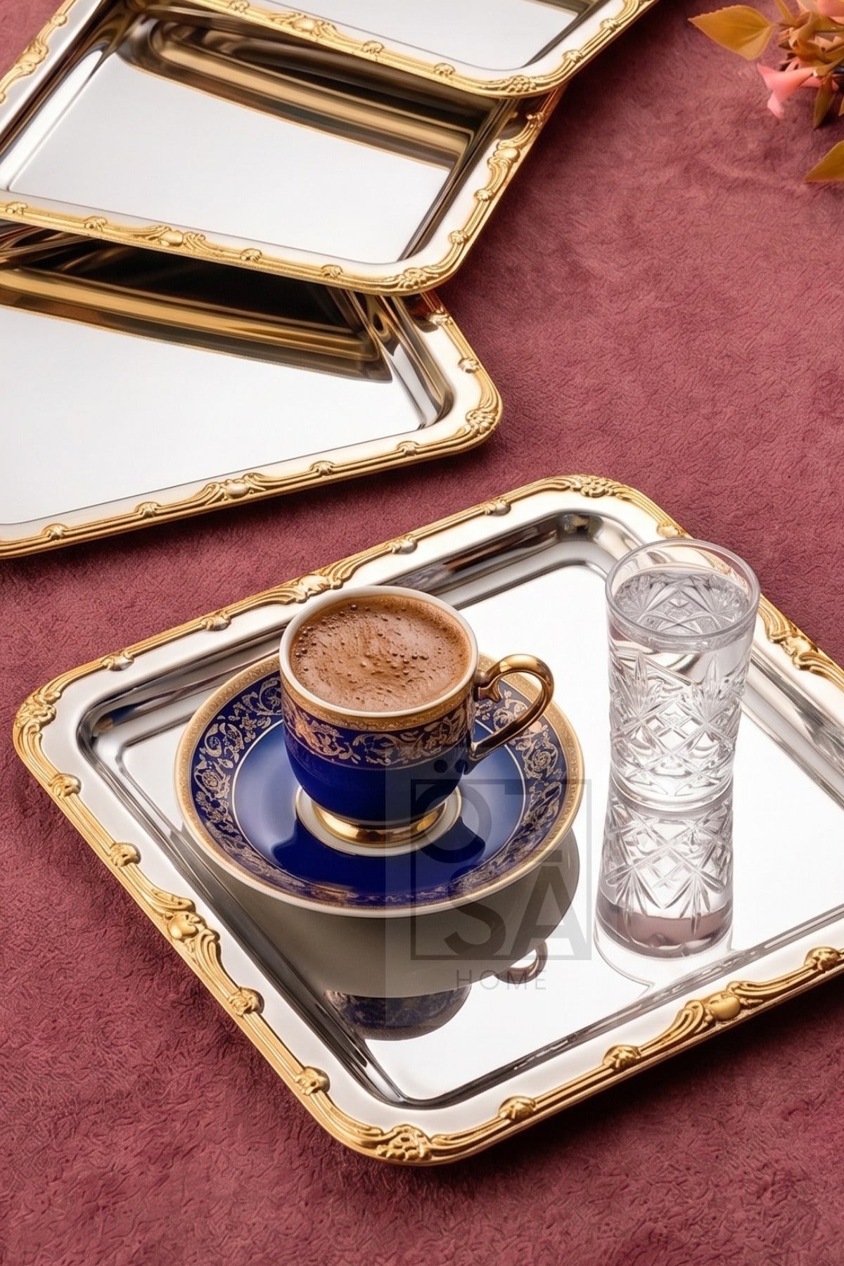 Antique Lüx 6 Adet 21 cm Paslanmaz Çelik Gümüş Renk Desenli Kare Tepsi Dekoratif Kahve Tepsisi - Altın