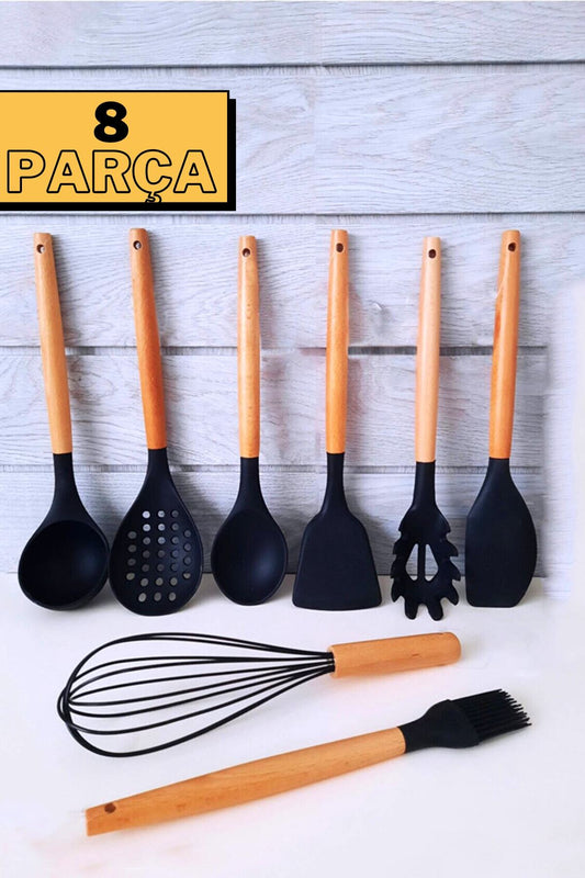 10 Parça Silikon Kepçe Kevgir Kaşık Çırpıcı Patates Ezici Bambu Saplı Mutfak Servis Seti Takımı - Siyah 8 Parça