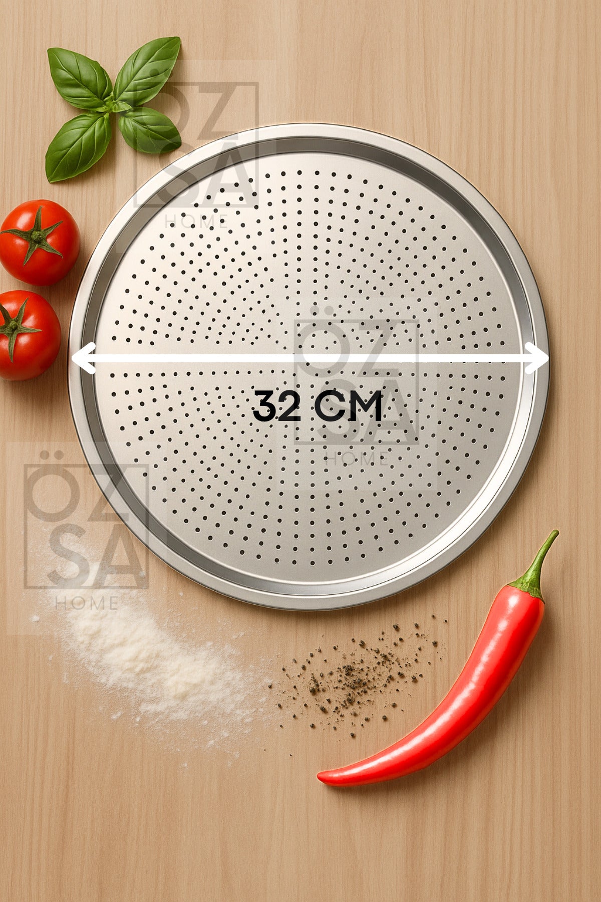 3 Parça Büyük Boy Delikli Pizza Tepsi Seti Lahmacun Tepsisi Pizza Kesici Seti 32-36cm - Gümüş