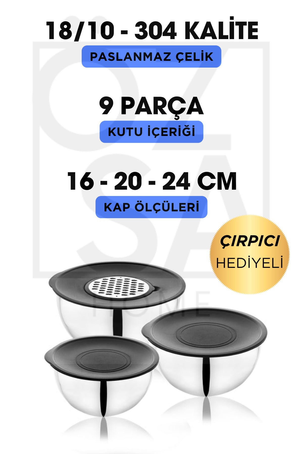 9 Parça 16-20-24 Cm 18/10 Çelik 3 Boy Çift Rendeli Karıştırma Kabı Saklama Kabı Seti - Gümüş