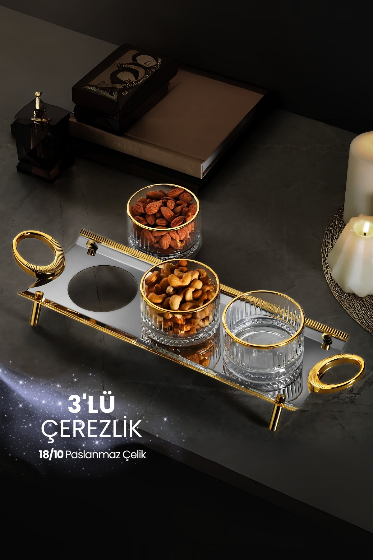 Anes 3'lü Çerezlik Kulplu İkramlık Sunumluk 18/10 Paslanmaz Çelik Elysia Kase İkramlık Reçellik