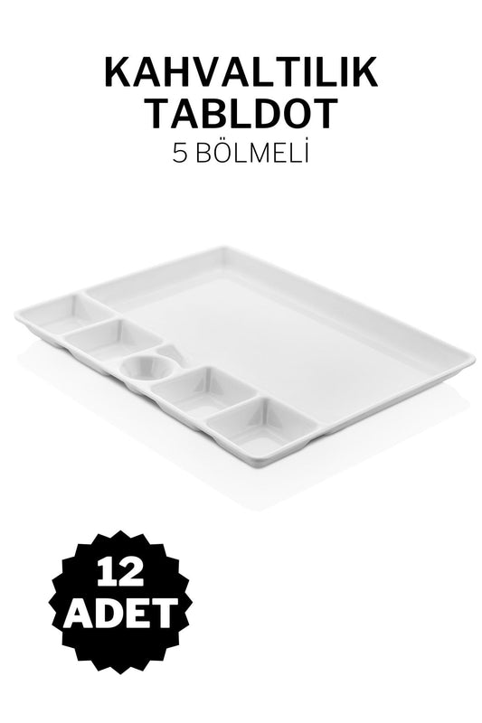 12 Adet Kırılmaz Kahvaltılık Tabldot Otel Okul Yemekhane Için 5 Bölmeli Melamin Kahvaltı Tabağı