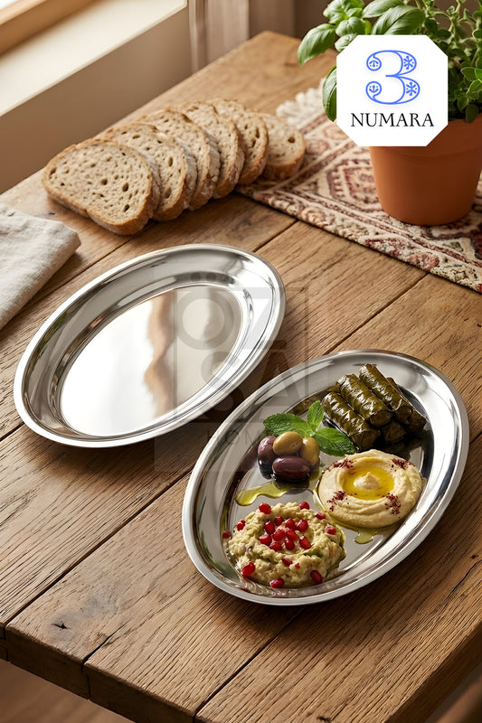 Ovalis 2'li Çelik Meyve Salata Meze Tabağı Servis Sunum Parlak Kayık Tabak Seti No: 3