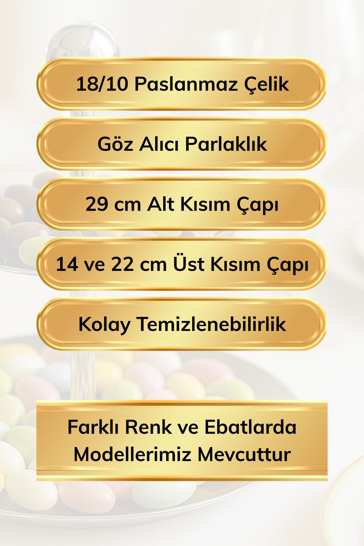 Large 18/10 Paslanmaz Çelik 3 Katlı Sunumluk Ayaklı Sunumluk - Gümüş