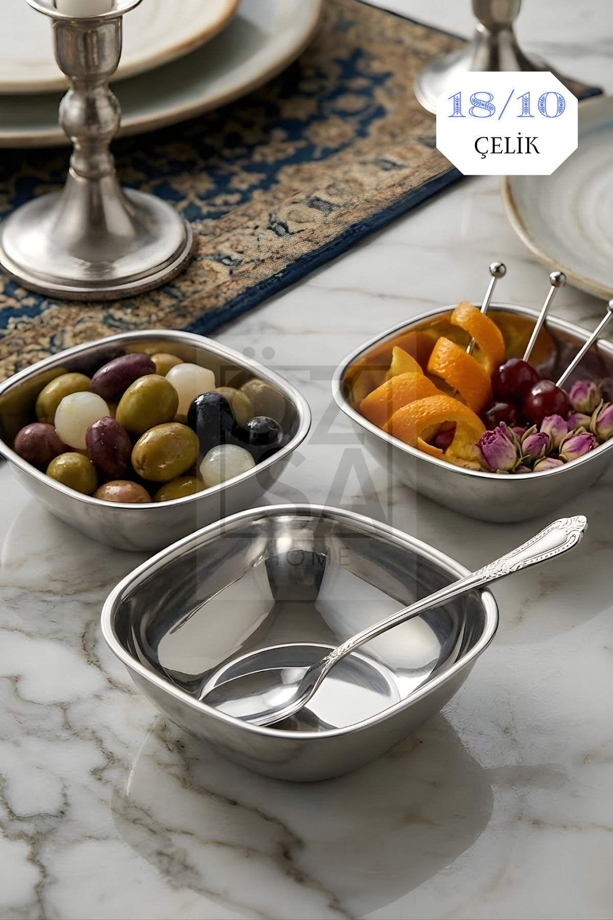 Edge 6'lı Çerezlik ve Kahvaltılık Kase 18/10 Dekoratif Sunum Kase Paslanmaz Çelik 12 cm Reçellik - Gümüş