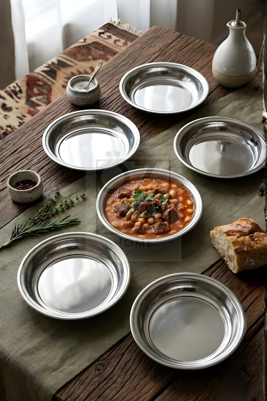 Anatolian 6 Adet Yemek Tabağı 19 cm Gümüş Yuvarlak Servis Sunum Meze Tabağı Çelik Çorba Kasesi