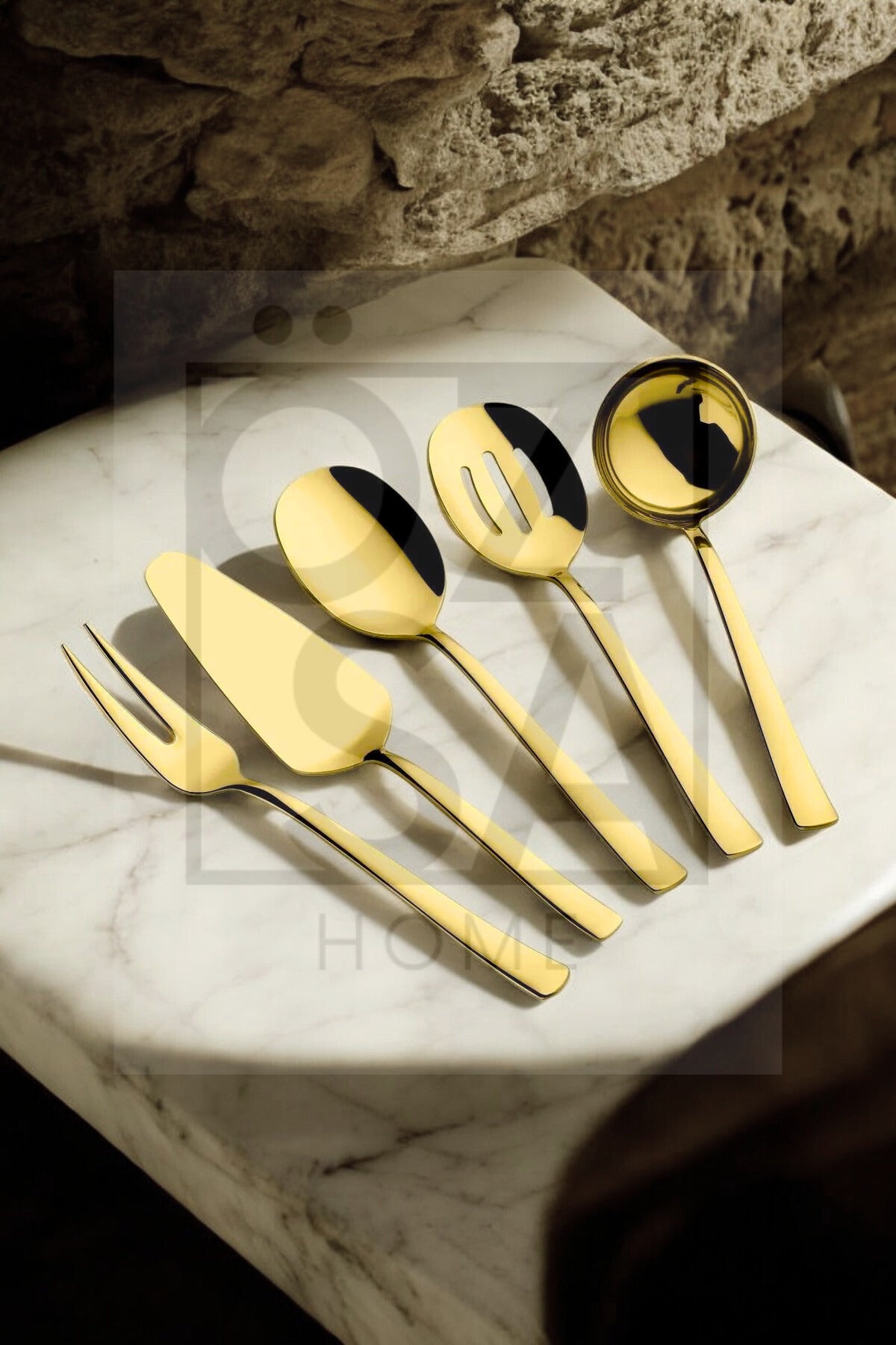 5 Parça Gold Sos Servis Sunum Seti Paslanmaz Çelik 5'li Servis Takımı Kepçe Kevgir Kaşık Spatula