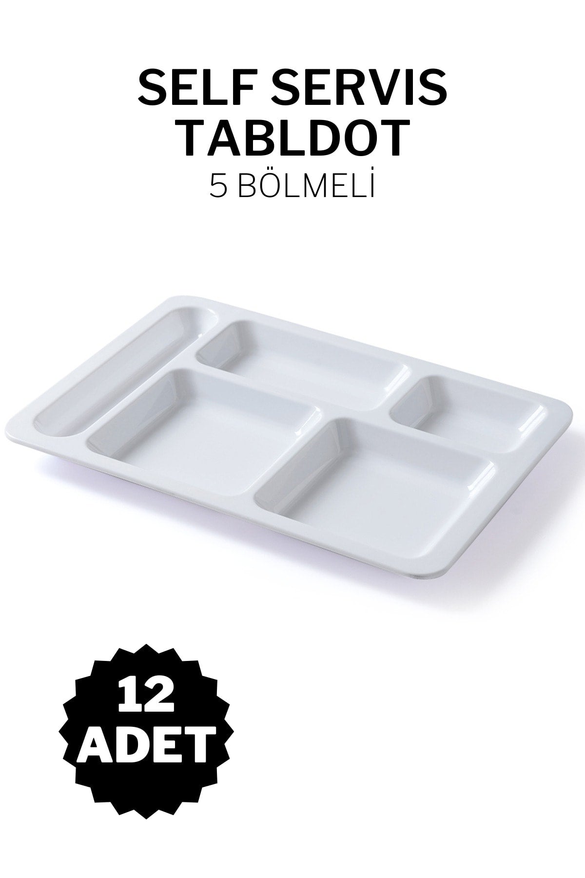 12 Adet Kırılmaz Self Servis Tabldot Otel Okul Yemekhane Için 5 Bölmeli Melamin Yemek Tabağı