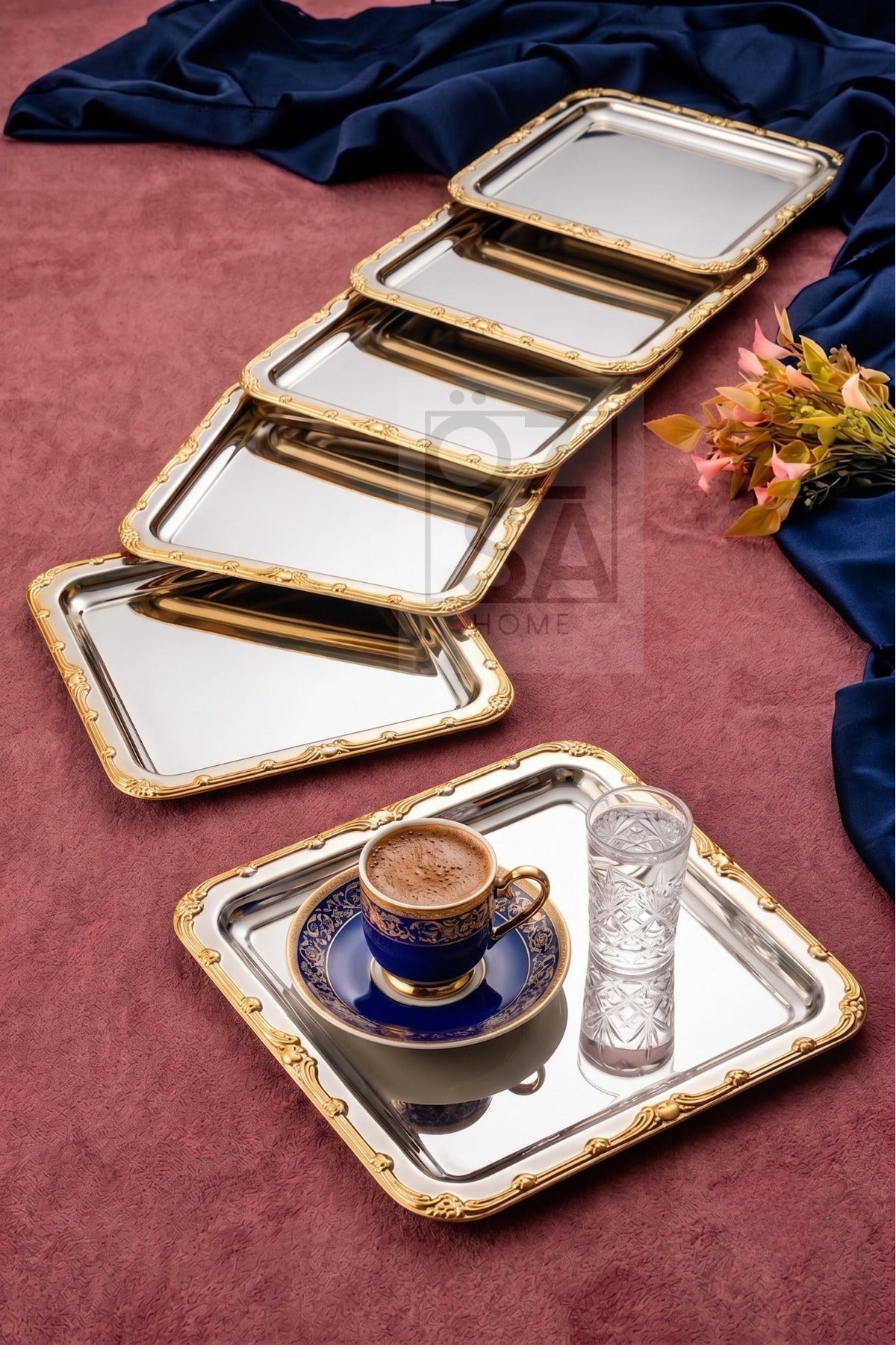 Antique Lüx 6 Adet 21 cm Paslanmaz Çelik Gümüş Renk Desenli Kare Tepsi Dekoratif Kahve Tepsisi - Altın