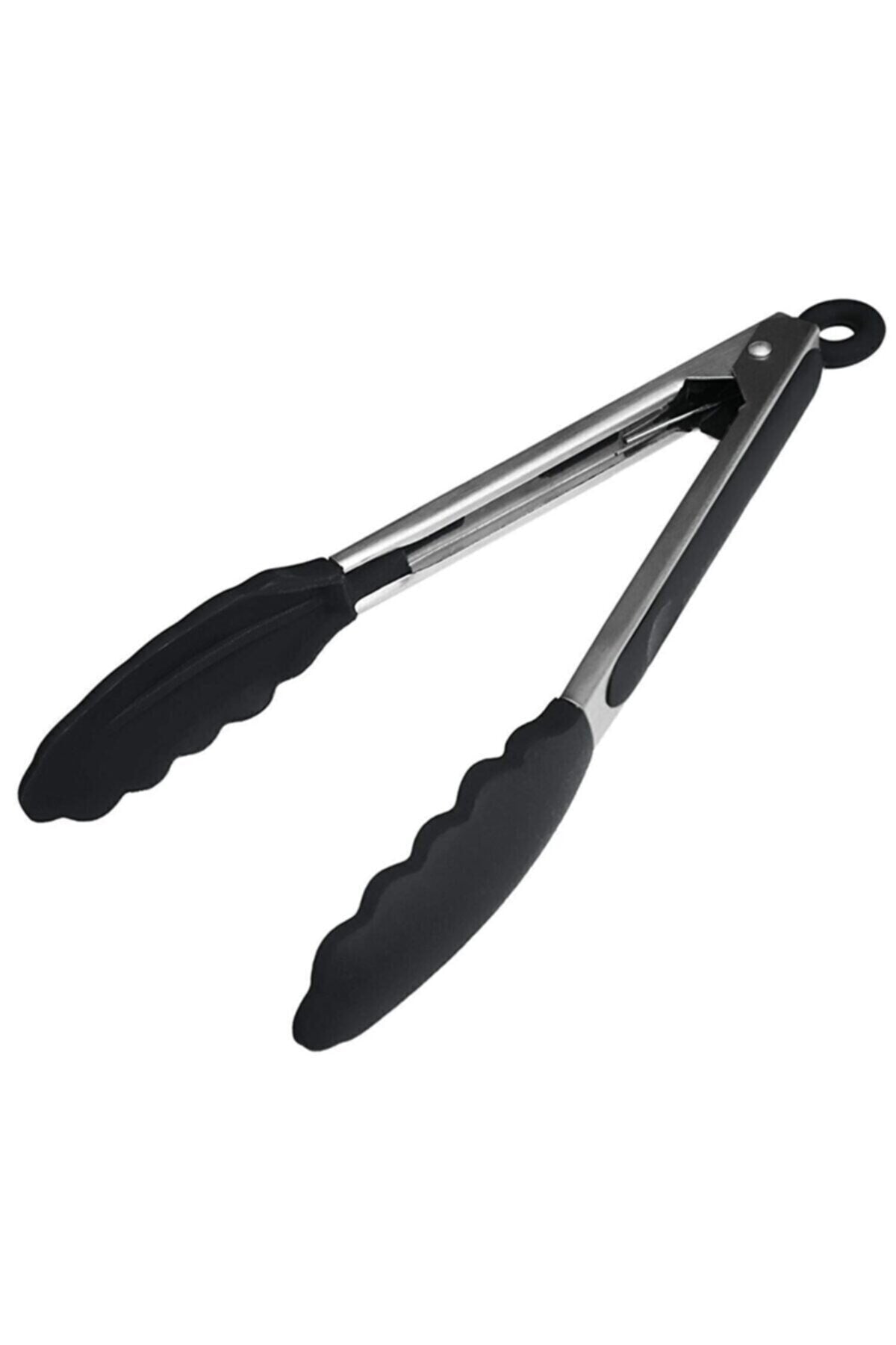 Metal Saplı Kilit Sistemli Silikon Maşa Siyah 26cm