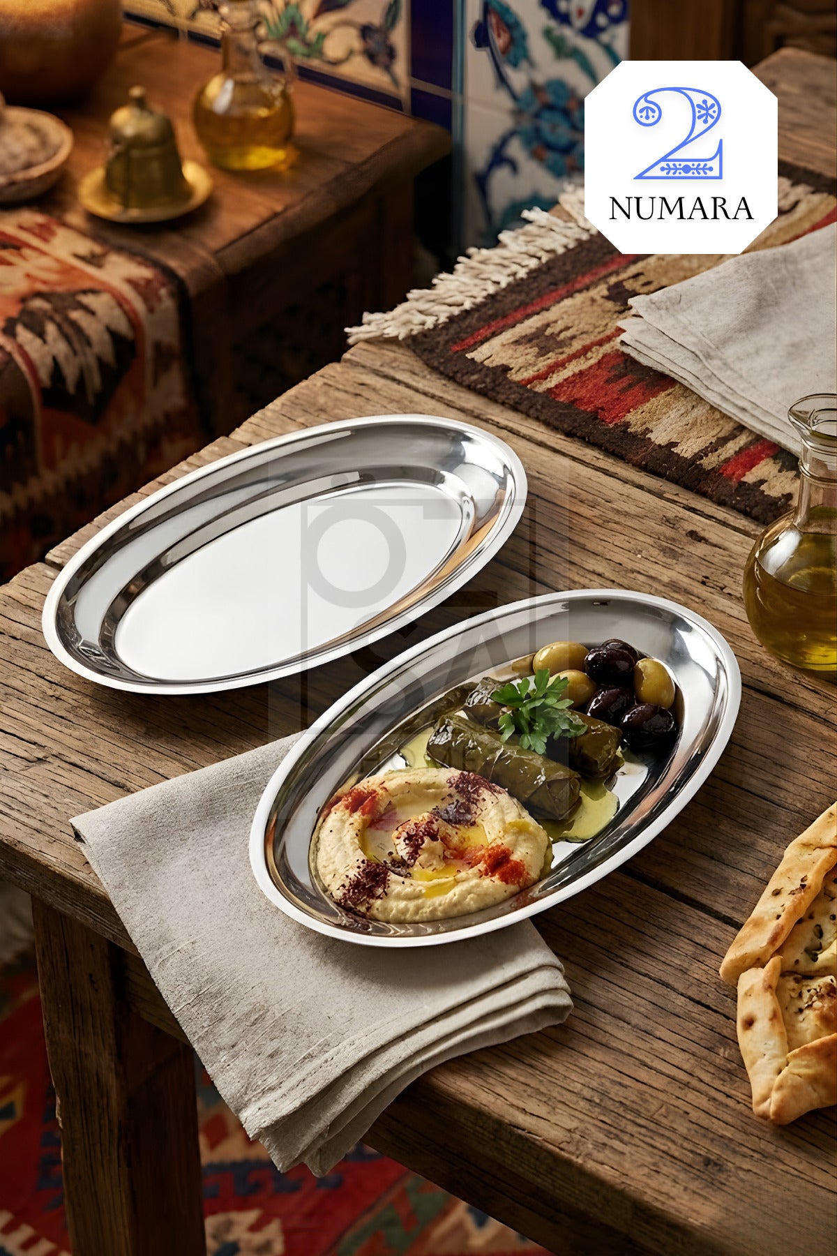 Ovalis 2'li Küçük Boy Çelik Meyve Salata Meze Tabağı Servis Sunum Parlak Kayık Tabak Seti No: 2