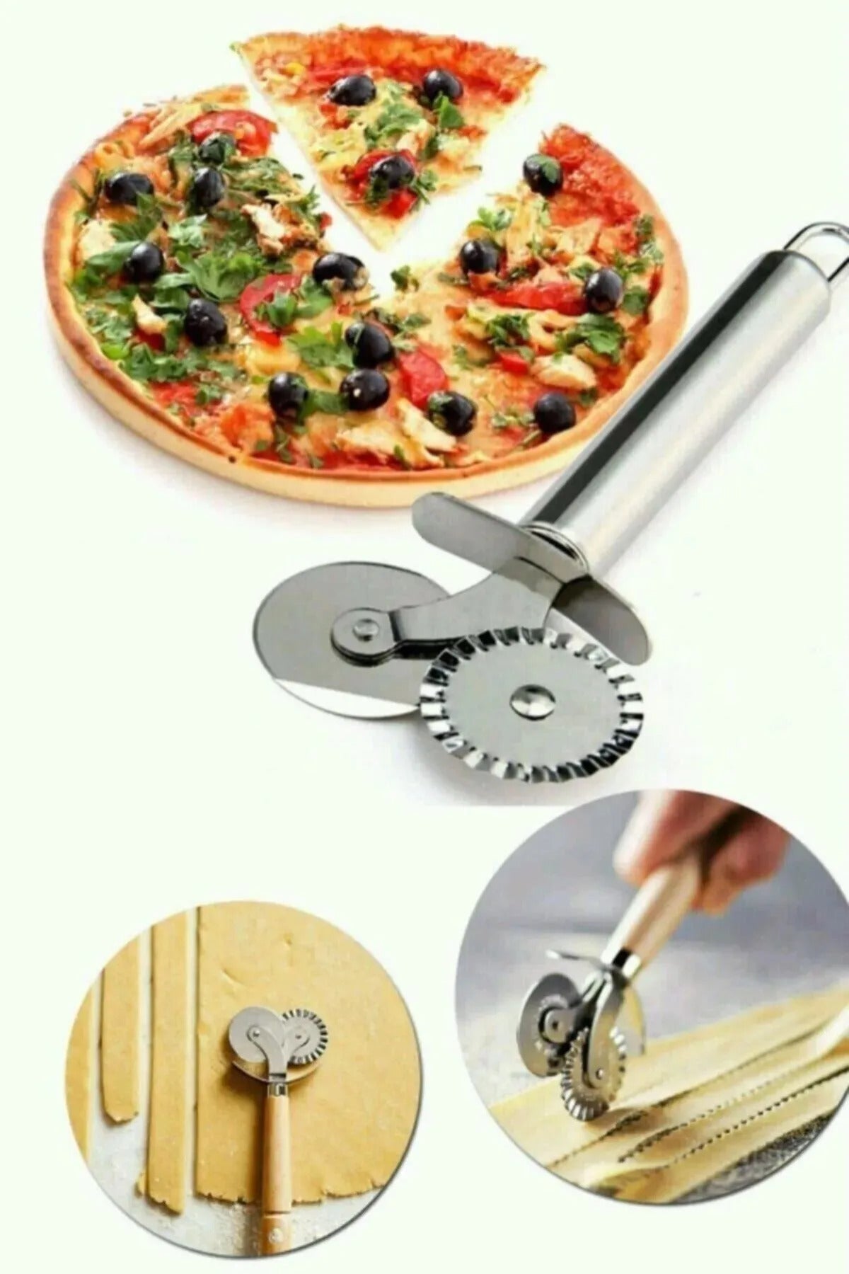 Çelik Çift Başlıklı Pizza Mantı Hamur Kesici Kesme Bıçağı 18 Cm