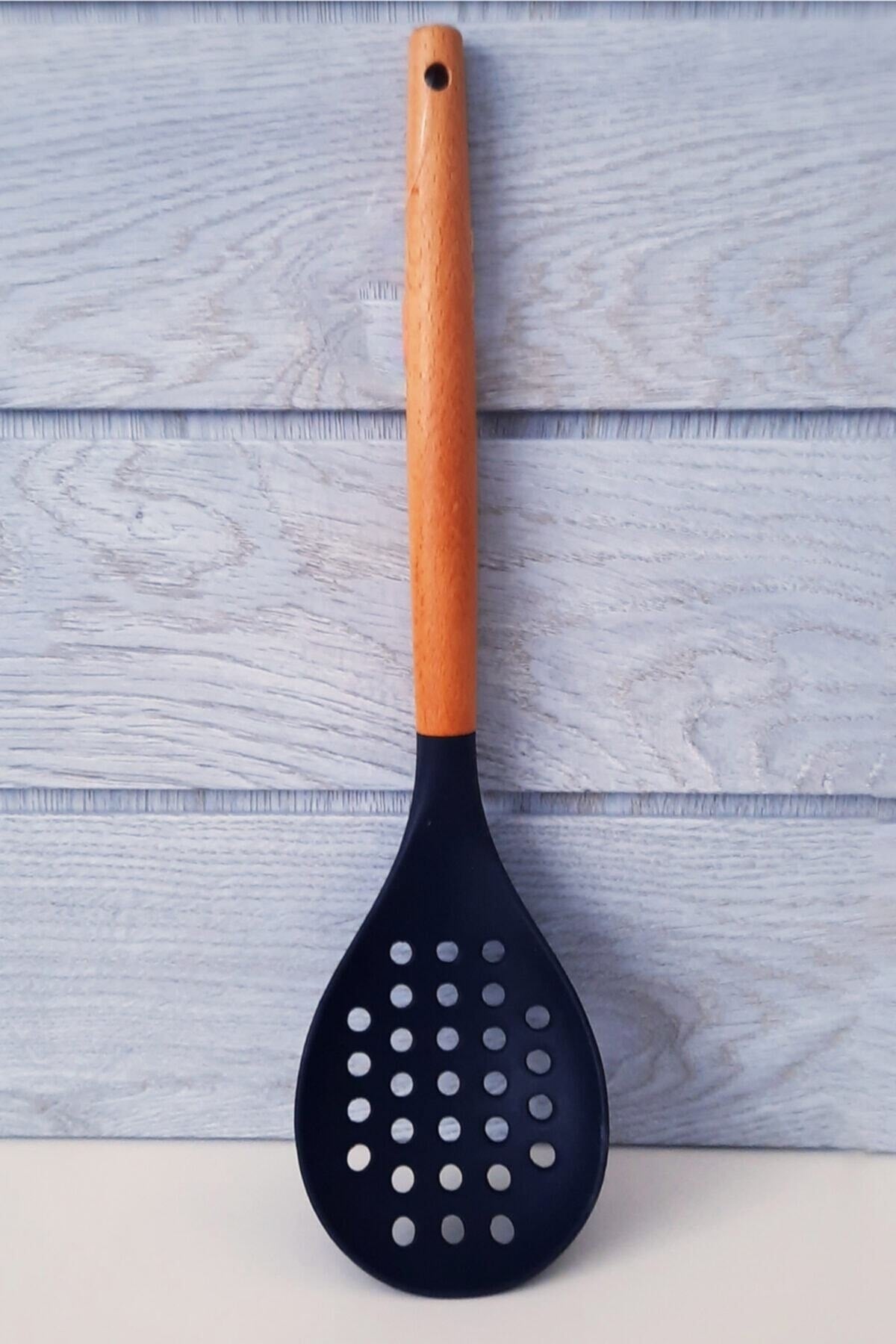 Bambu Saplı Siyah Çizmez Silikon Kevgir Kepçe Kaşık Makarna Salata Kaşığı Spatula 5'li Servis Set - Siyah