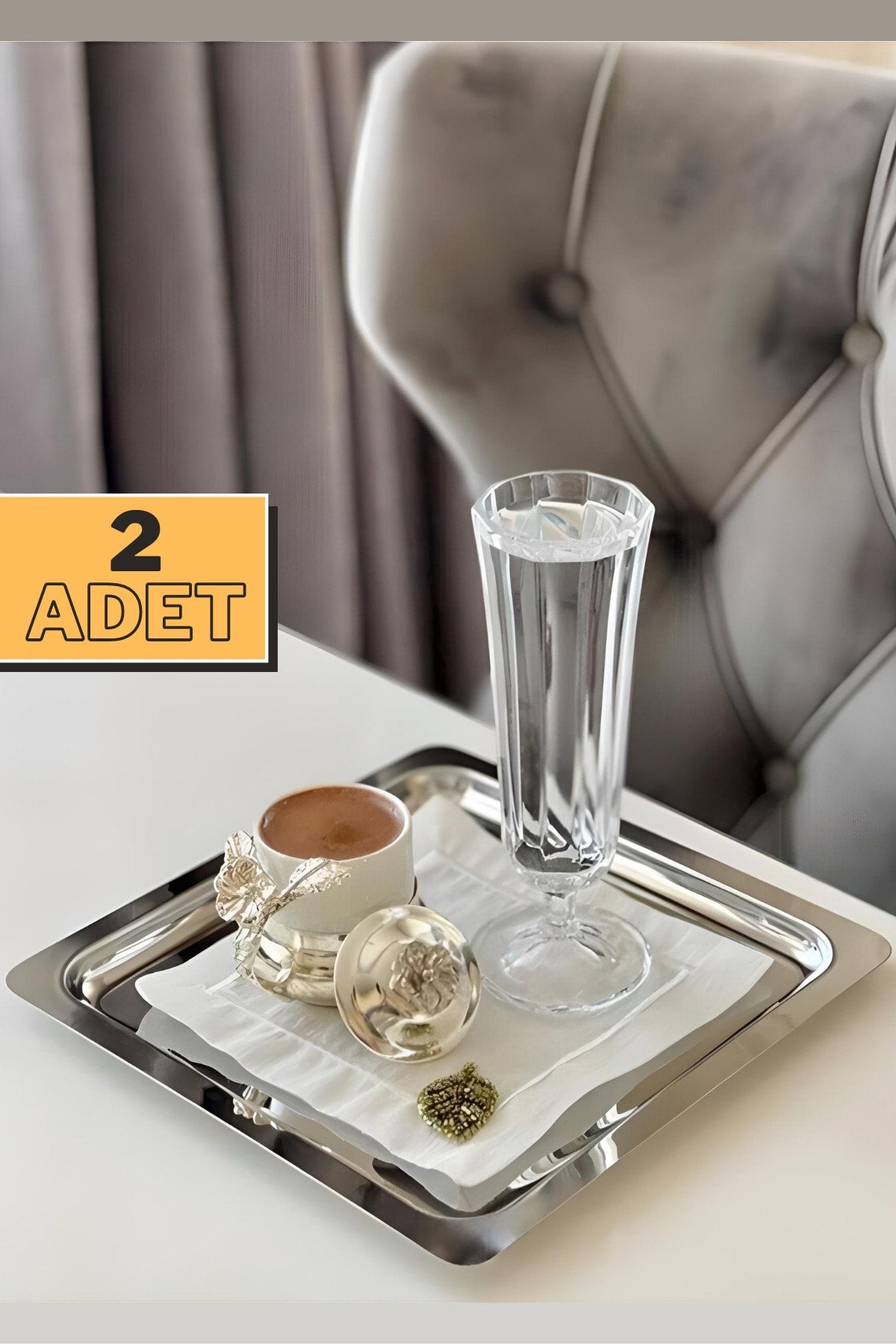 6'lı Gold Lüx Kare Paslanmaz Çelik Kahve Çay İkram ve Sunum Tepsisi Altın Renk 21x21cm - 2 Adet