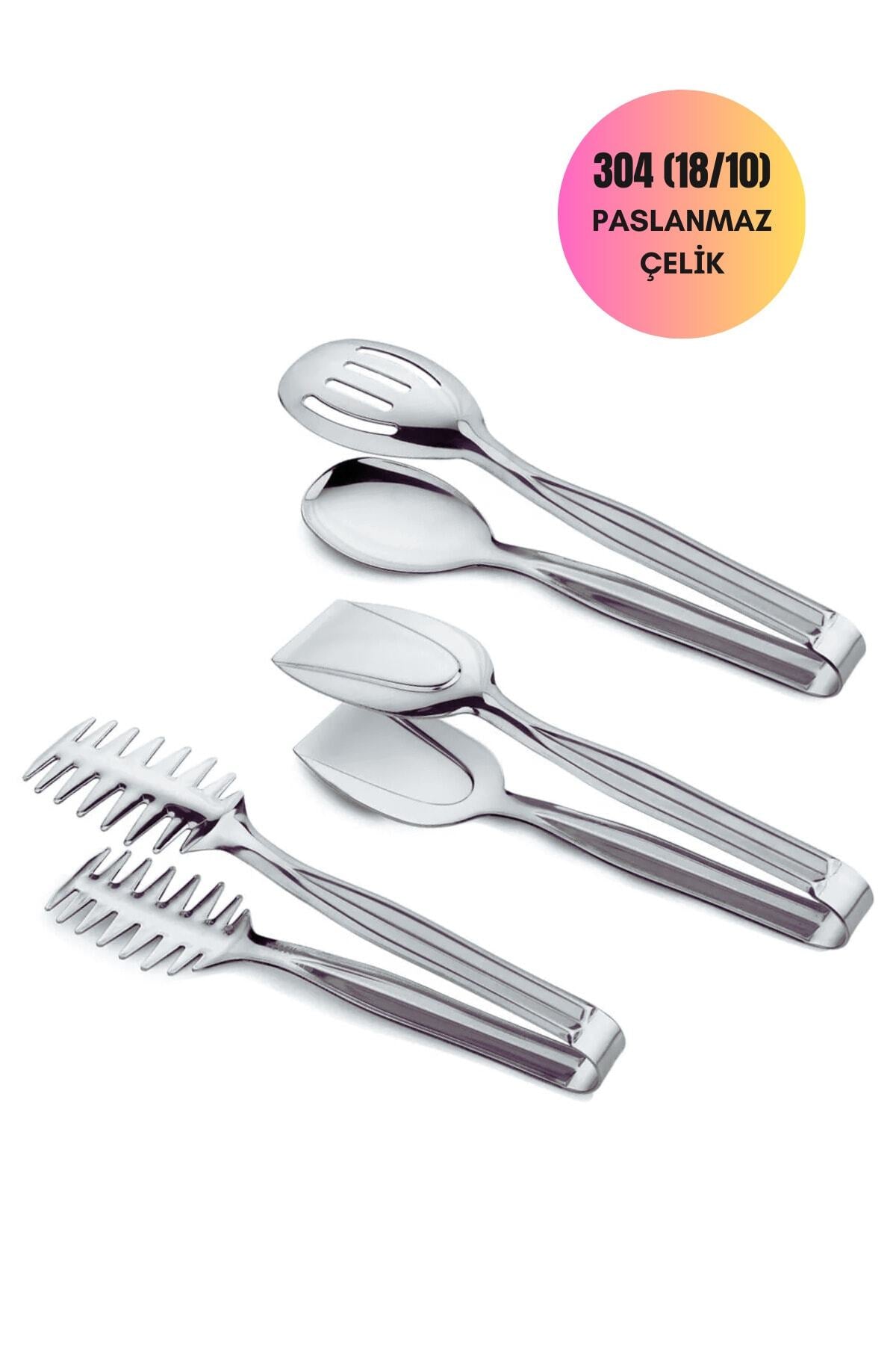 Twist 3'lü 304 Çelik Servis Sunum Makarna Pasta Salata Kek Maşa Seti Çelik Servis Takımı 3 Parça - Gümüş