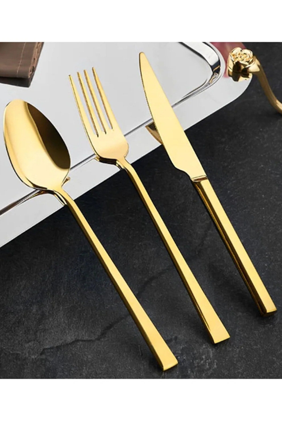 6 Adet Lüx Parlak Gold Yemek Kaşığı Paslanmaz Çelik Çubuk Model Altın Yemek Kaşığı - Gold