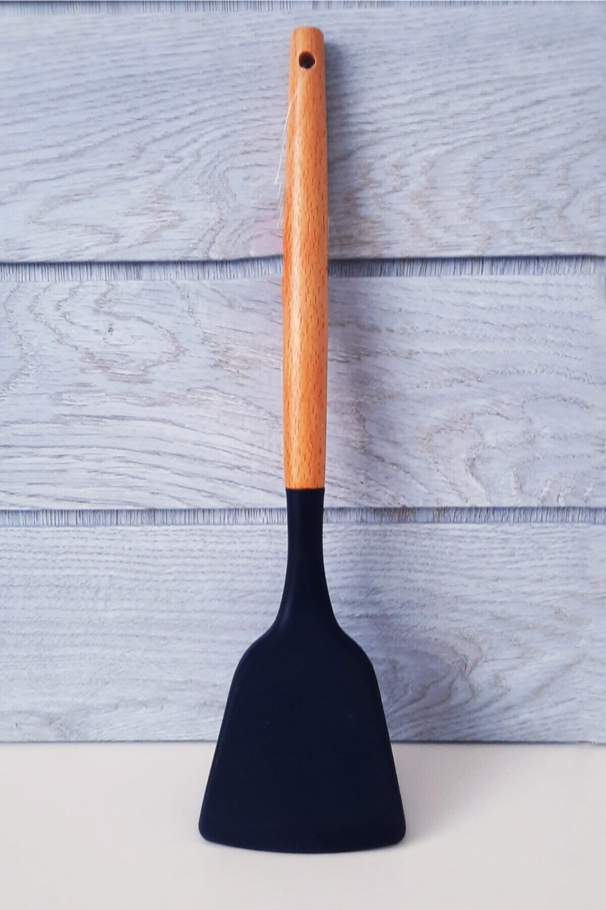 Bambu Saplı Siyah Çizmez Silikon Kevgir Kepçe Kaşık Makarna Salata Kaşığı Spatula 5'li Servis Set - Siyah